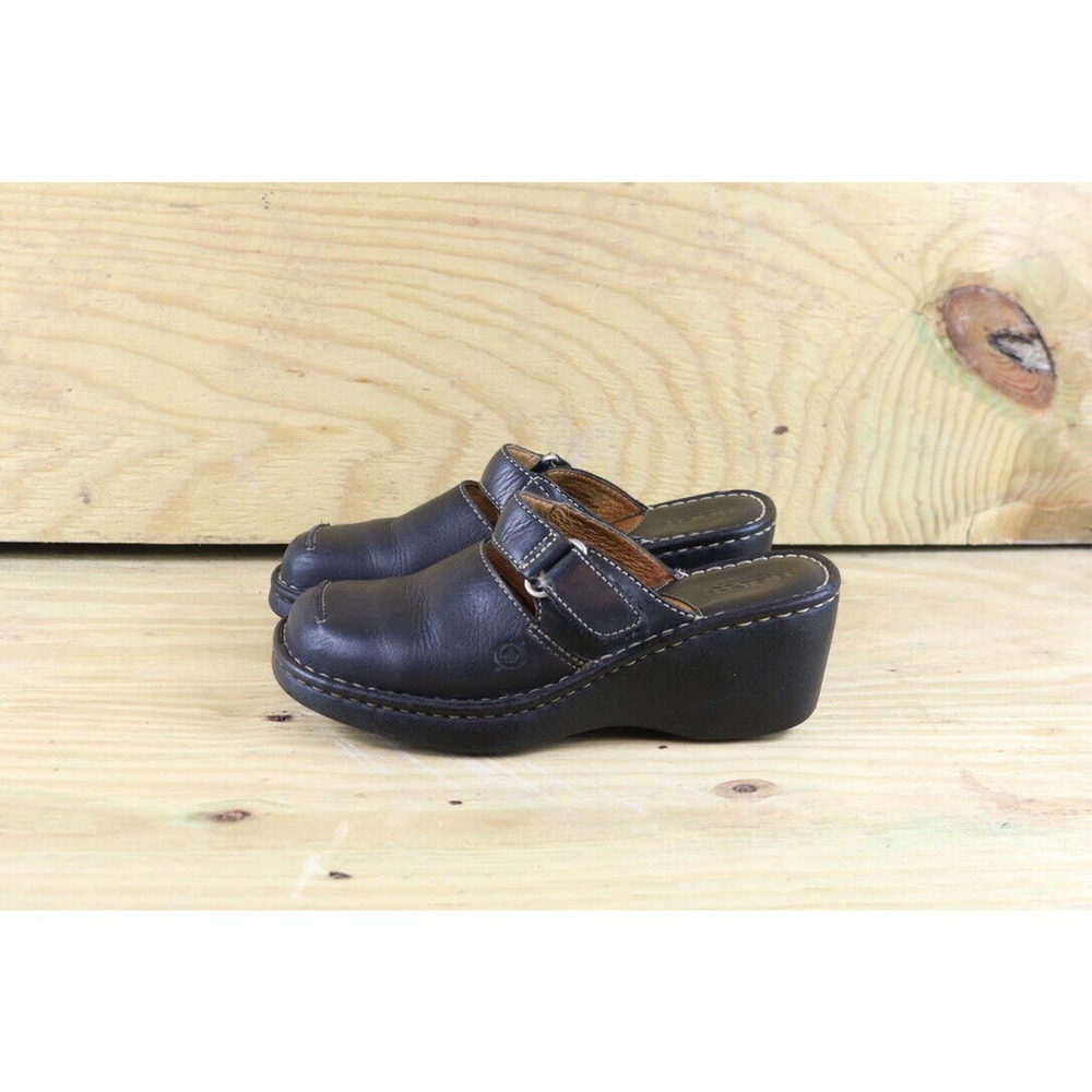 Born Wedge Women's Size 7 Handcrafted Leather Mules Clogs Black Hook and Loop